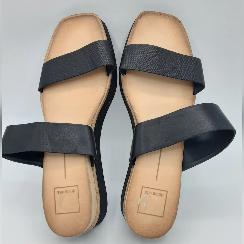Dolce Vita Black Croc Embossed Double Strap Slip-On Sandal.